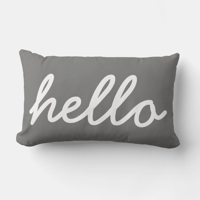 Hello Typography Charcoal and White Lumbar Pillow (Front)