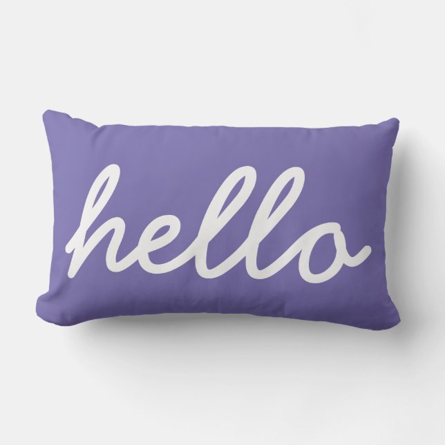 Hello Typography white on periwinkle purple Lumbar Pillow (Front)