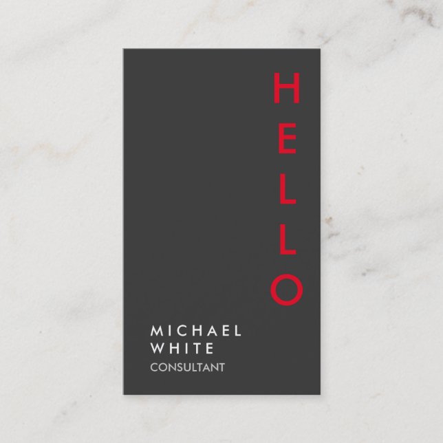 Hello Vertical Plain Grey Trendy Consultant Business Card (Front)