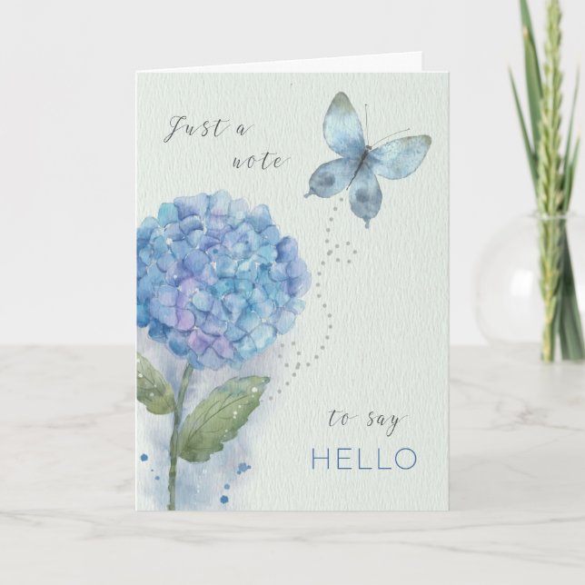 Hello Watercolor Blue Hydrangea and Butterfly  Card (Front)
