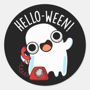 Hello-ween Funny Ghost Pun Dark BG Classic Round Sticker