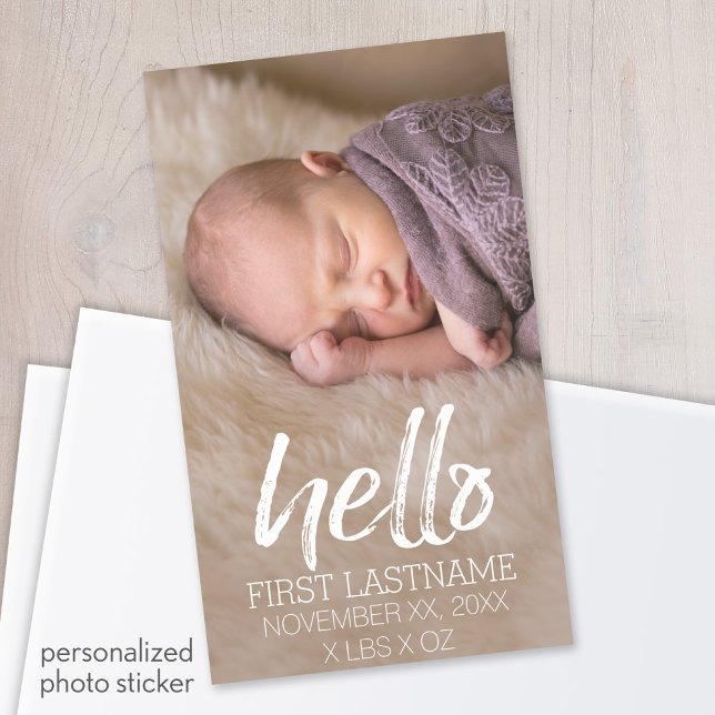 Hello Whimsical brushed lettering with Baby Photo Sticker (Personalized photo sticker)