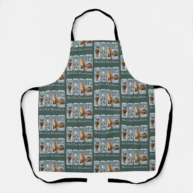 Hello Winter Animals Deer Owl Fox Bear Cozy Season Apron (Front)