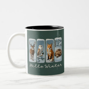 Hello Winter Animals Deer Owl Fox Bear Cozy Season Two-Tone Coffee Mug