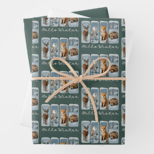 Hello Winter Animals Deer Owl Fox Bear Cozy Season Wrapping Paper Sheet