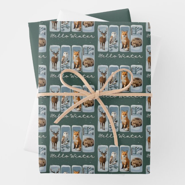 Hello Winter Animals Deer Owl Fox Bear Cozy Season Wrapping Paper Sheet (In situ)