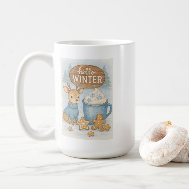 Hello Winter.Cozy Reindeer, Hot Cocoa, Gingerbread Coffee Mug (With Donut)