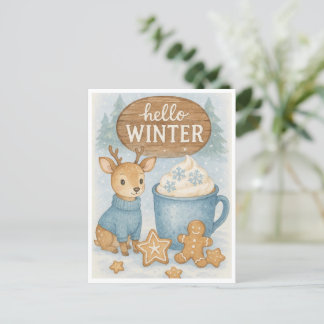Hello Winter.Cozy Reindeer, Hot Cocoa, Gingerbread Postcard