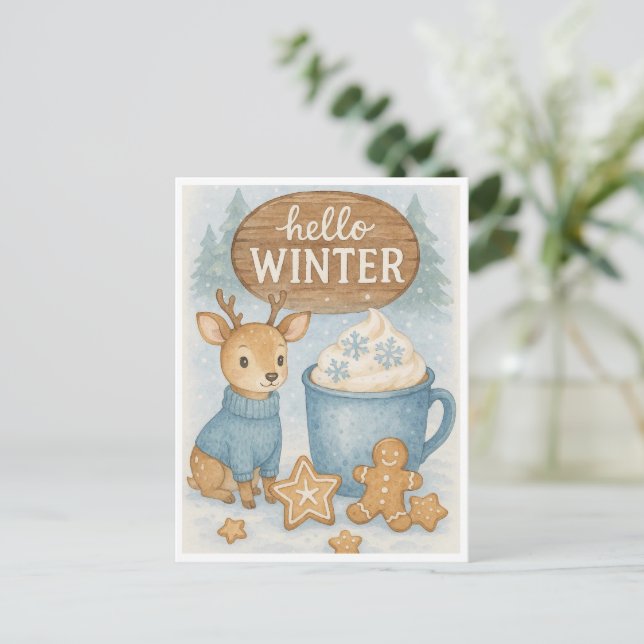 Hello Winter.Cozy Reindeer, Hot Cocoa, Gingerbread Postcard (Standing Front)