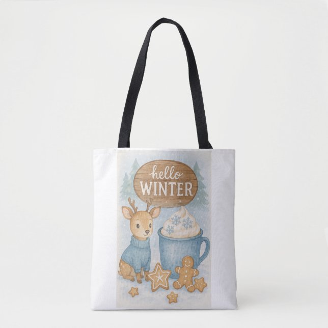 Hello Winter.Cozy Reindeer, Hot Cocoa, Gingerbread Tote Bag (Front)