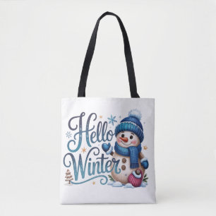 Hello Winter Cute Waving Snowman Blue Knit Hat Tote Bag