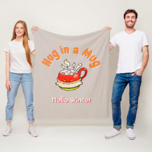 Hello Winter Hug in a Mug Cozy Kawaii Illustration Fleece Blanket