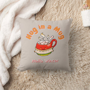 Hello Winter Hug in a Mug Cozy Kawaii Illustration Throw Pillow