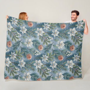 Hello Winter Pines & Flowers  Fleece Blanket