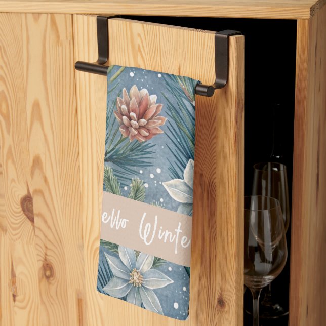 Hello Winter Pines & Flowers Kitchen Towel (Thirds Fold)