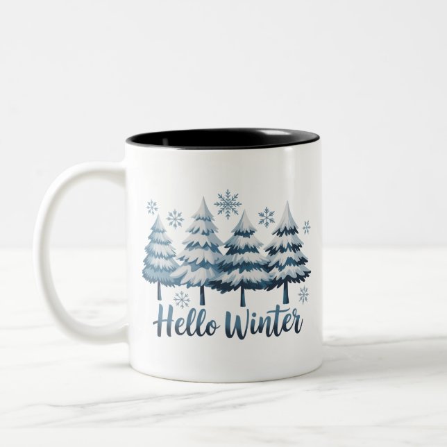 Hello Winter Season Vibes Trees Snowflakes Xmas Two-Tone Coffee Mug (Left)