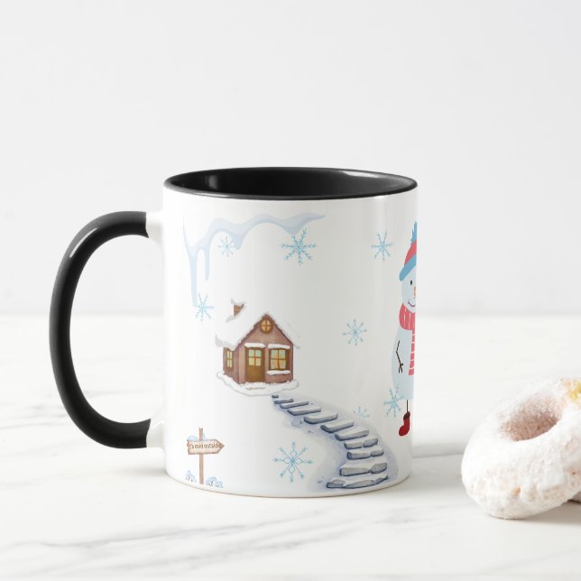 Hello Winter Snowman Mug • Cozy Snowy Landscape Wi (Avec donut)
