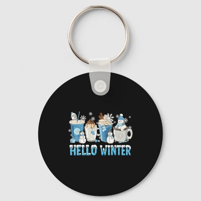 Hello Winter Sweet Cozy Coffee Lovers Snowman Chri Keychain (Front)