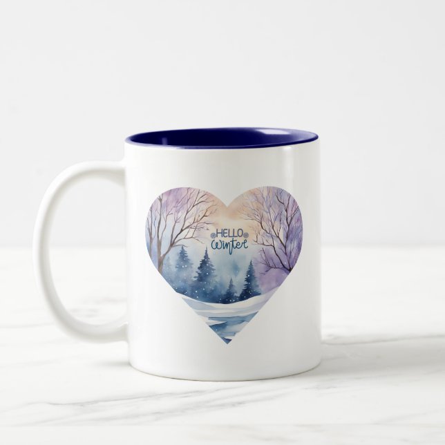 Hello Winter Watercolor Heart Two-Tone Coffee Mug (Left)