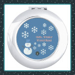 Hello, Winter Wonderland Compact Mirror<br><div class="desc">The Winter Wonderland compact mirror by A Slice of Life and Delight features a snowman decorated with white snowflakes,  a pink script,  and a blue background. The little snowman also wears a blue hat and scarf.</div>