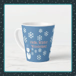 Hello, Winter Wonderland Latte Mug<br><div class="desc">A Slice of Life and Delight presents a Hello,  Winter Wonderland latte mug featuring a snowman decorated with white snowflakes,  pink writing,  and a blue backdrop. The snowman latte mug also features a blue hat and scarf.</div>