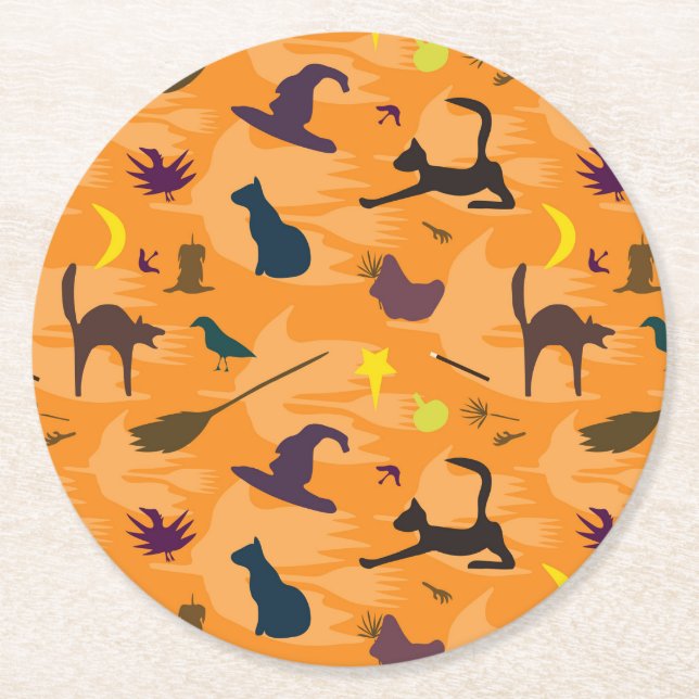 Hello Witch - seamless Halloween pattern. Round Paper Coaster (Front)