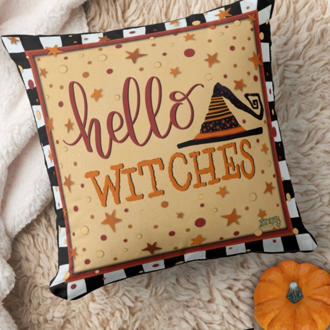Hello Witches Funny Cute Halloween Hat Throw Pillow (Creator Uploaded)