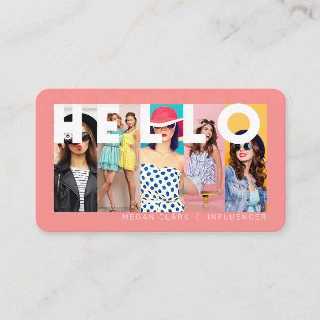 Hello With Modern & Minimal 5 photo Layout Pink Business Card (Front)