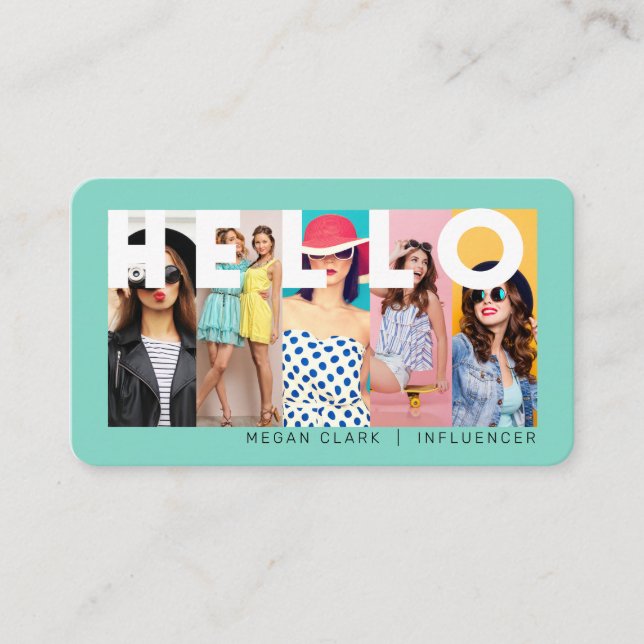 Hello With Modern & Minimal 5 photo Layout Teal Business Card (Front)