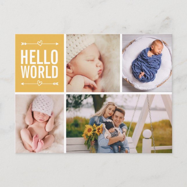 Hello World and Birth Announcement Photo Collage P Postcard (Front)