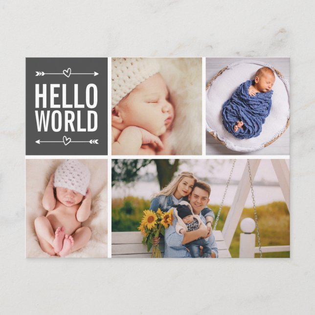 Hello World and Birth Announcement Photo Collage Postcard (Front)