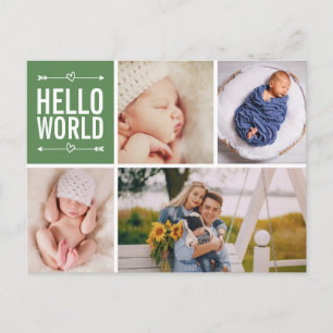Hello World and Birth Announcement Photo Collage Postcard