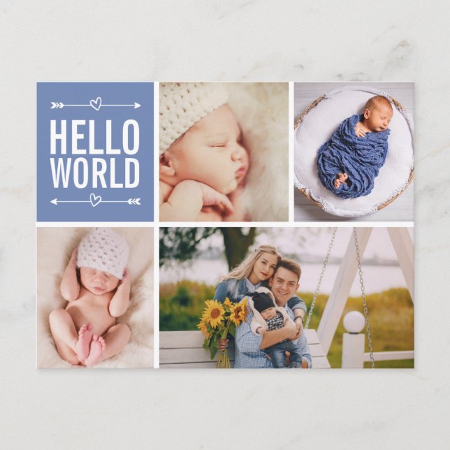 Hello World and Birth Announcement Photo Collage Postcard (Front)