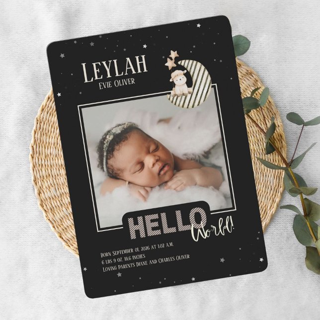Hello World Baby Announcement Card (Baby arrival card featuring a striped crescent moon, starry night design, and personalized details.)