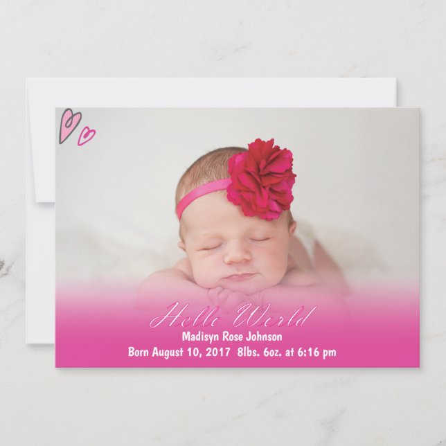 Hello World Baby Girl Birth Announcement (Front)