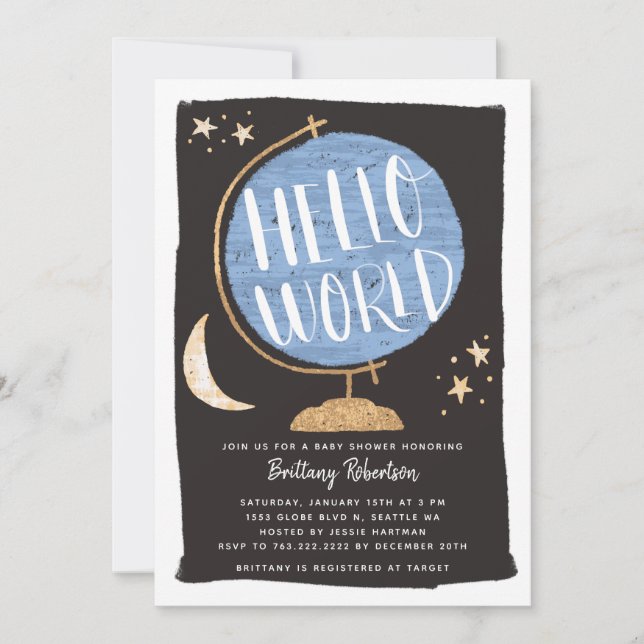 Hello World Baby Shower Blue Globe Invitation (Front)