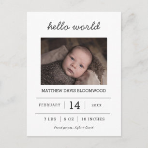 Hello World Birth Announcement Newborn Photo Postcard