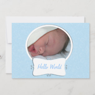 Hello World Blue Photo Birth Announcement