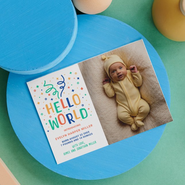 Hello World Colorée Confetti Faire-part de naissan (Hello world birth announcement card with colorful confetti)