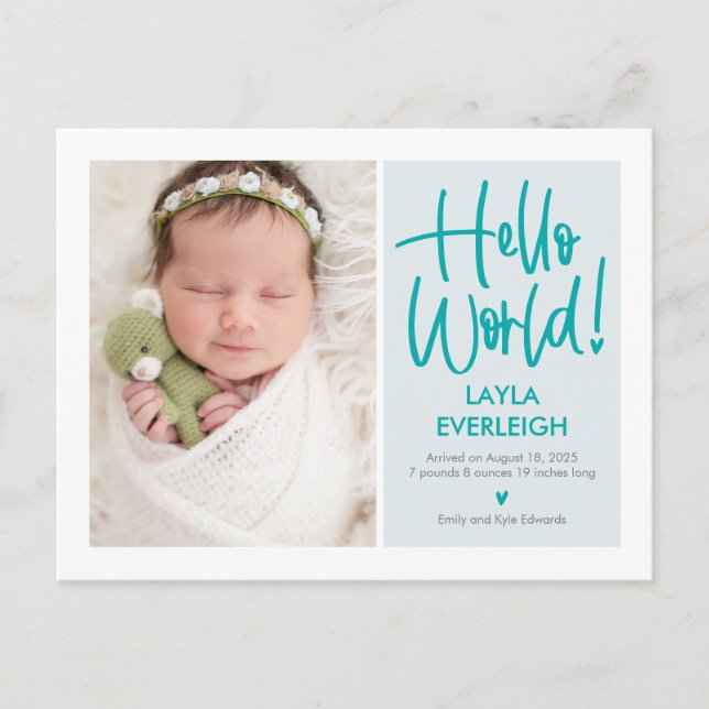 Hello World Editable Colour Announcement Postcard (Front)