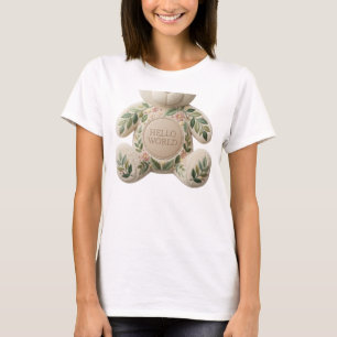 Hello World Embroidered Botanical Teddy Bear Women T-Shirt