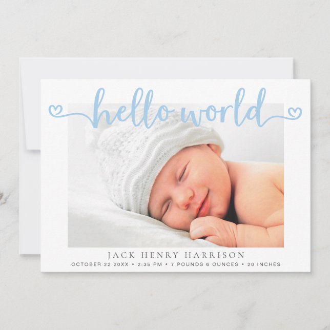 Hello World Hearts Photos Blue Baby Boy Birth Announcement (Front)