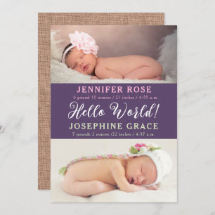 Hello World! Modern Photo Twins Birth Announcement