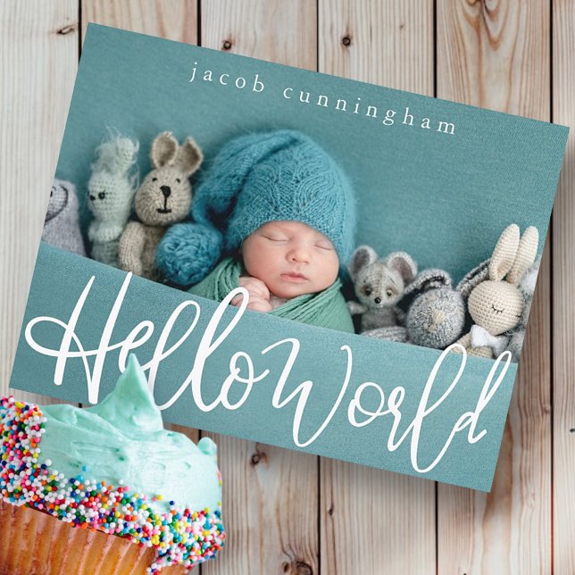 Hello World! Modern Playful Script Baby Birth Announcement Postcard (Creator Uploaded)