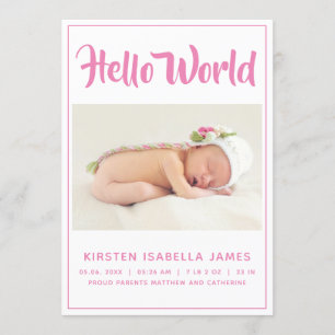 Hello World Photo Baby Faire-part rose