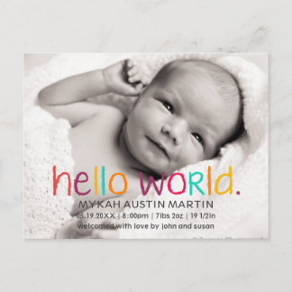 Hello World Photo Birth Announcement Postcard