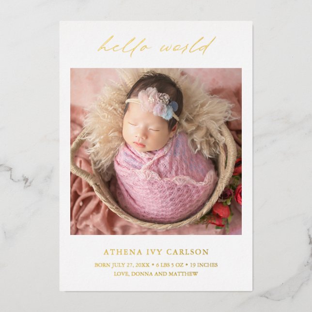 Hello World Photo Elegant Foil Birth Announcement (Front)