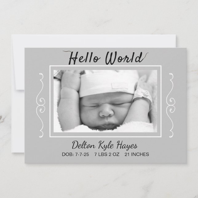 Hello World Photo Grey Faire-part de naissance béb (Devant)