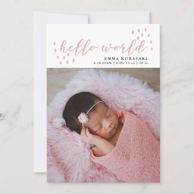 hello world | Pink Dots Baby Photo Birth Announcement (Front)