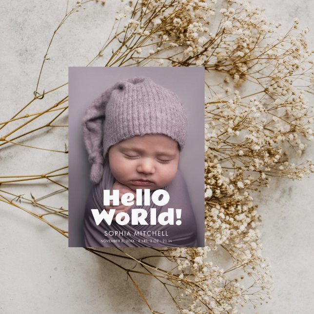 Hello World Playful Bold Photo Birth Announcement (Creator Uploaded)